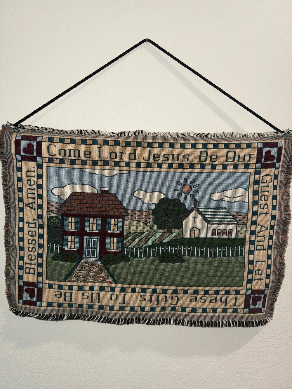 Religious Tapestry Wall Hanging in Blue and Green Blessing